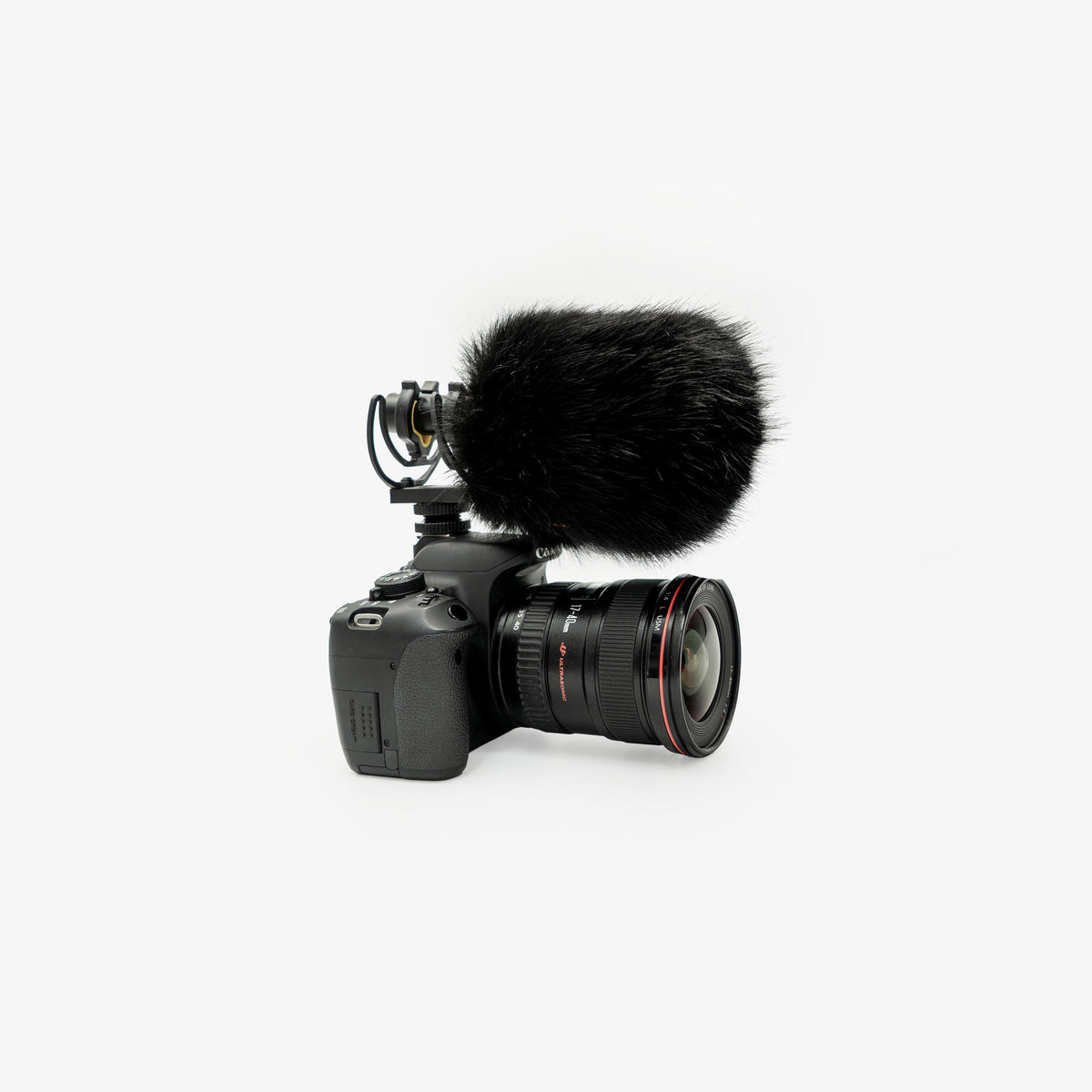 The Foam Wind Cover, size XS, on an on-camera shotgun microphone